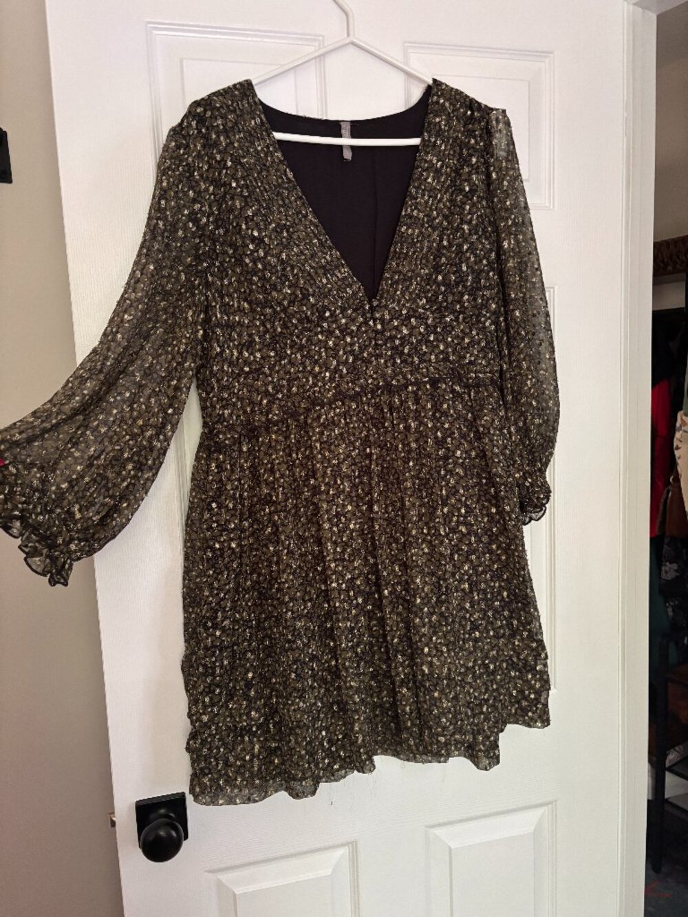 Urban Outfitters Green + Gold Metallic Babydoll Dress/Sheer Sleeve Dress (Large)